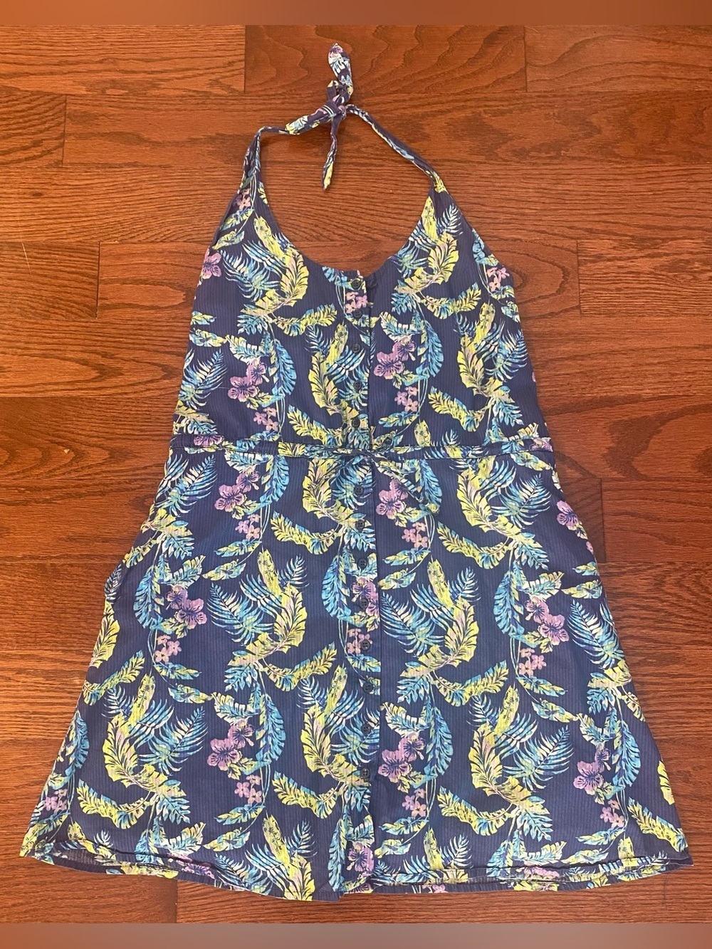 Roxy Halter Dress Sz XS Blue W/Tropical Print Everything Is Fine Button Front